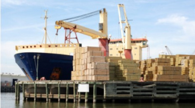 A ship with cargo load of lumber