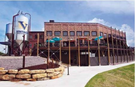 Side view of the exterior of the Vintage Brewing building in Sauk City