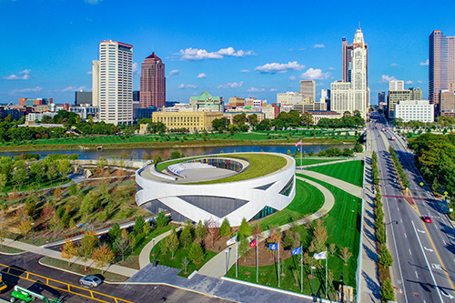 An aerial view of the veterans museum