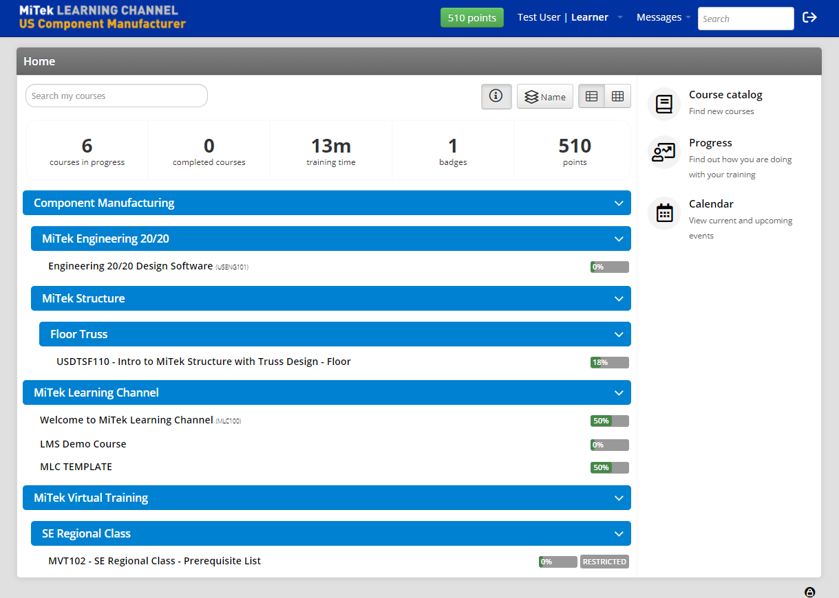 Screenshot of MiTek's learning management system